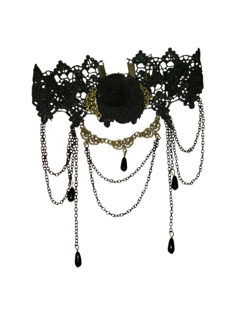 Gothic black lace choker with a central black rose accent, layered charm lace.